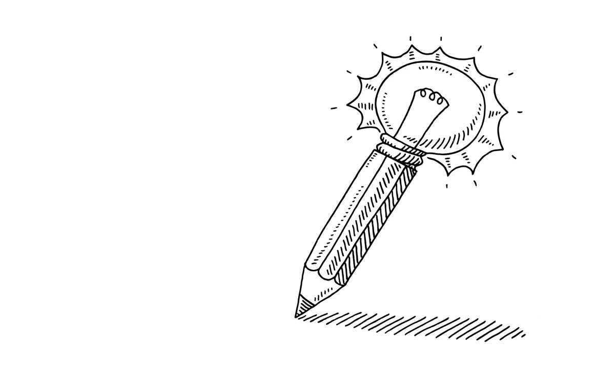 Das Startbild auf der Website vom Werbelektorat: ein Bleistift mit Glübirne - illustriert, dass Dücker, Frenger kompetent, genau und akkurat korrigiert